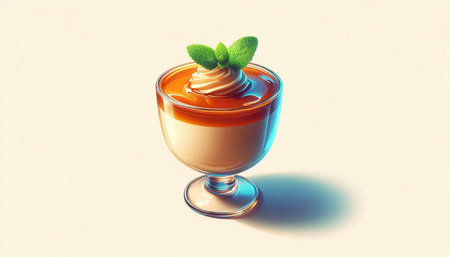 Panna cotta with caramel sauce in a glass on a white background
