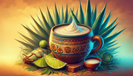 Cup of coffee with latte and lime on a tropical background.
