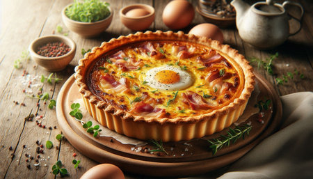 Tart with eggs and bacon on wooden table, food closeup