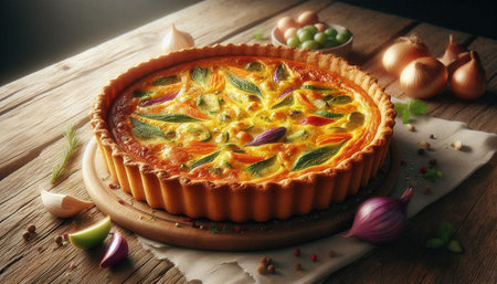 Tart with zucchini, carrots and onions on wooden background