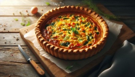 Tasty vegetarian quiche with vegetables on wooden table, closeup