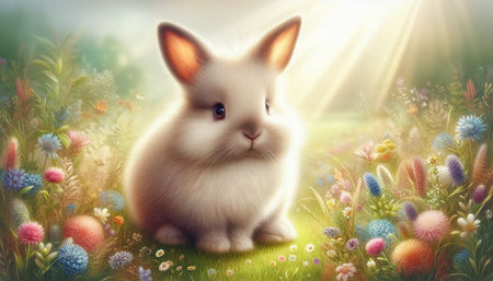 Cute Easter bunny in the meadow with flowers and easter eggs