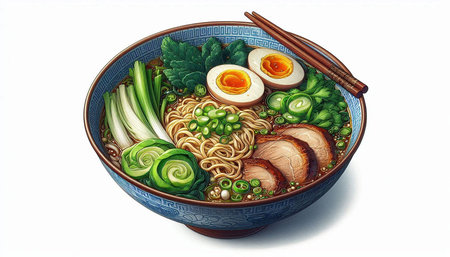 Ramen noodle soup with pork, egg and vegetables in a bowl