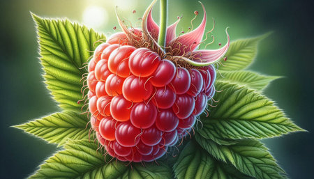 Ripe raspberry with green leaves on a dark background. 3d illustration