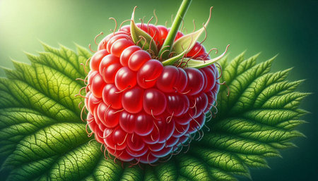 Ripe raspberry on a green background. 3D illustration. Top view.