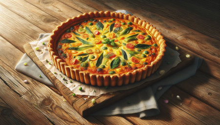 Delicious homemade quiche with vegetables on wooden table, closeup