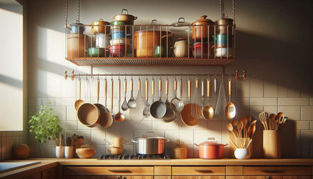 Kitchen utensils on the shelves. 3d rendering.