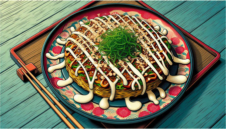 Illustration of asian food with chopsticks on wooden background.