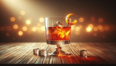 Whiskey with ice on a wooden table and bokeh background