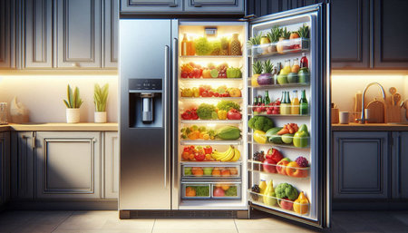 Refrigerator full of food in modern kitchen. 3d rendering