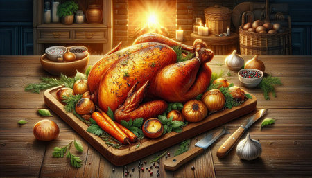 Whole roasted turkey on wooden board with vegetables and spices. 3d illustration