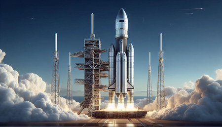 Space rocket takes off into the sky. 3D illustration. Elements of this image furnished by NASA