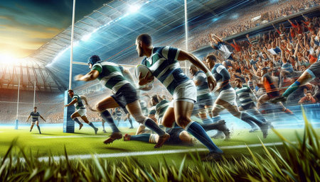 Rugby players in action at the stadium. 3D rendering