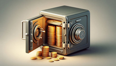 3d illustration of metal safe with gold coins on grey background.