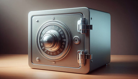 Metal safe on a wooden table. Security concept. 3d rendering