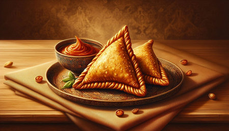 Traditional samosas with pistachios and sauce on wooden table
