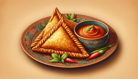 Illustration of a plate of samsa with tomato sauce.