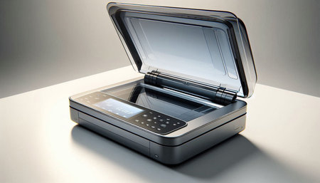 Closeup of a modern laser printer on a white table with copy space