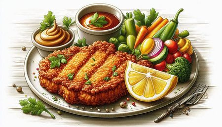 Schnitzel with vegetables on wooden background, top view.
