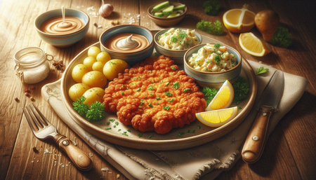 Potato pancakes with mashed potatoes and cucumber salad on wooden table