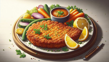 Breaded schnitzel with vegetables and sauce on wooden table