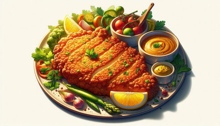 Chicken schnitzel with vegetables and sauce on a white background