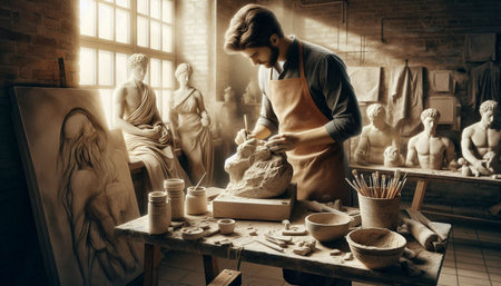 Handsome male potter working with clay in pottery workshop