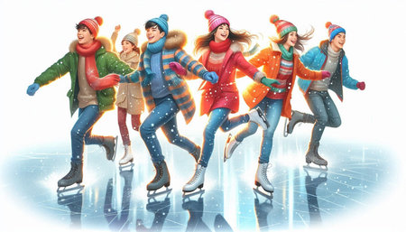 Group of young people skating on ice rink, winter sport concept.