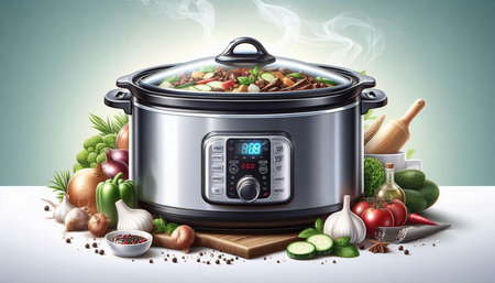 Vegetable soup in electric multicooker with ingredients around vector illustration