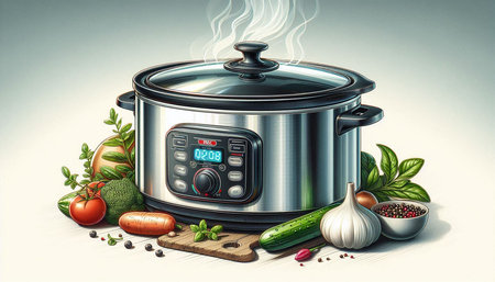 Vegetables and spices in a cooking pot. Vector illustration.