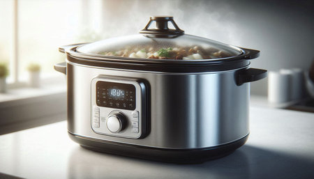 Modern electric multi cooker on table in kitchen, closeup. Cooking concept