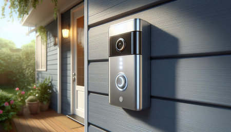 Digital composite of Doorbell in front of house with garden and sunlight