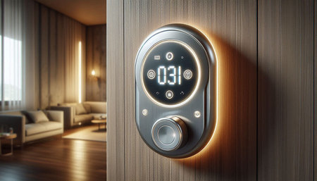 Digital composite of Digital alarm clock in hotel room 3D rendering.