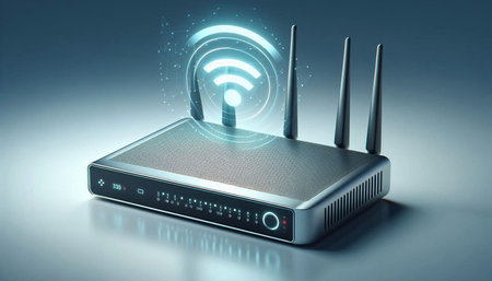 Wireless router with wi-fi symbol on blue background 3D rendering