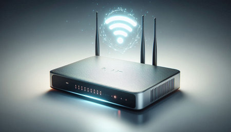 Wireless router with wi-fi symbol on grey background 3D rendering