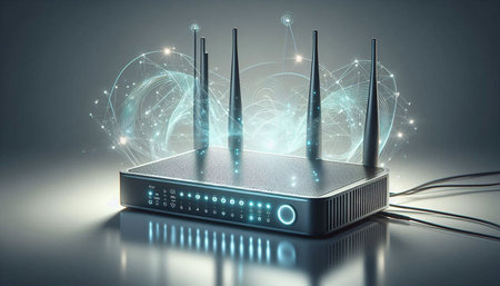 Wireless router with network connections on grey background. 3D rendering