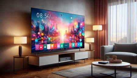 Modern TV on the wall in the living room. 3d rendering