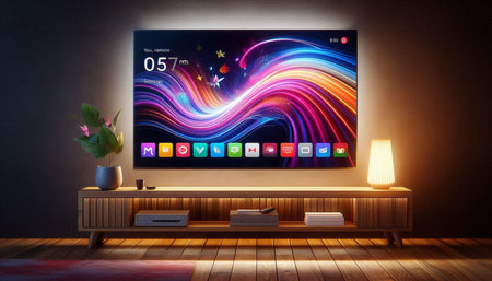 TV screen with colorful apps on the wall. 3D rendering.