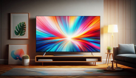 TV on the wall in modern living room. 3D rendering.