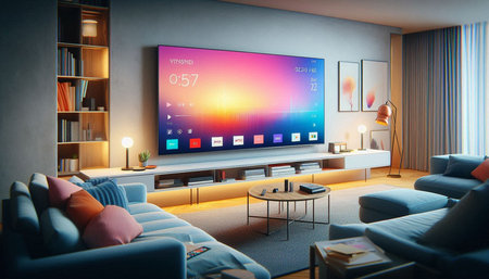 TV on the wall in modern living room. 3d rendering.