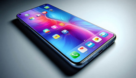 Modern mobile phone with colorful screen close-up. 3D rendering
