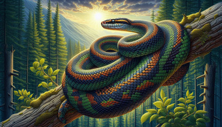 3D rendering of a snake in a fantasy forest at sunset.