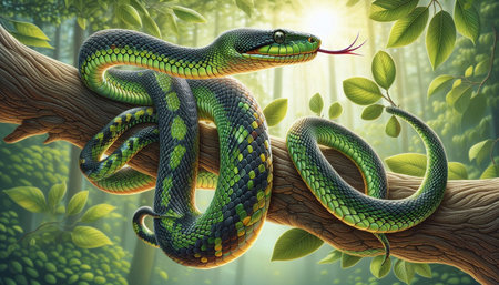 3d illustration of green snake on tree branch in the forest.