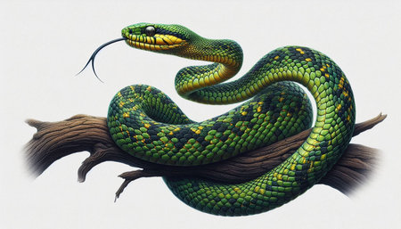 Green snake on a tree branch isolated on white background, clipping path included