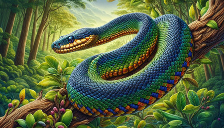 Snake in the jungle. 3d illustration. Colorful snake.