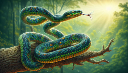 3d rendering of a green snake on a branch in the forest