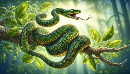 3d render of green snake on tree branch with green leaves background