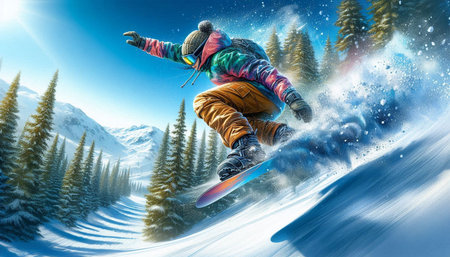 Flying snowboarder on mountains. Extreme winter sport. 3D rendering
