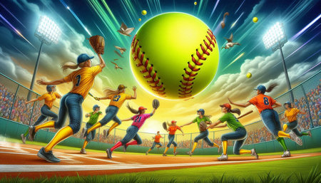 Baseball players in action at the stadium. 3D illustration.