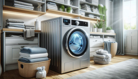Modern washing machine in laundry room interior. 3D Rendering.
